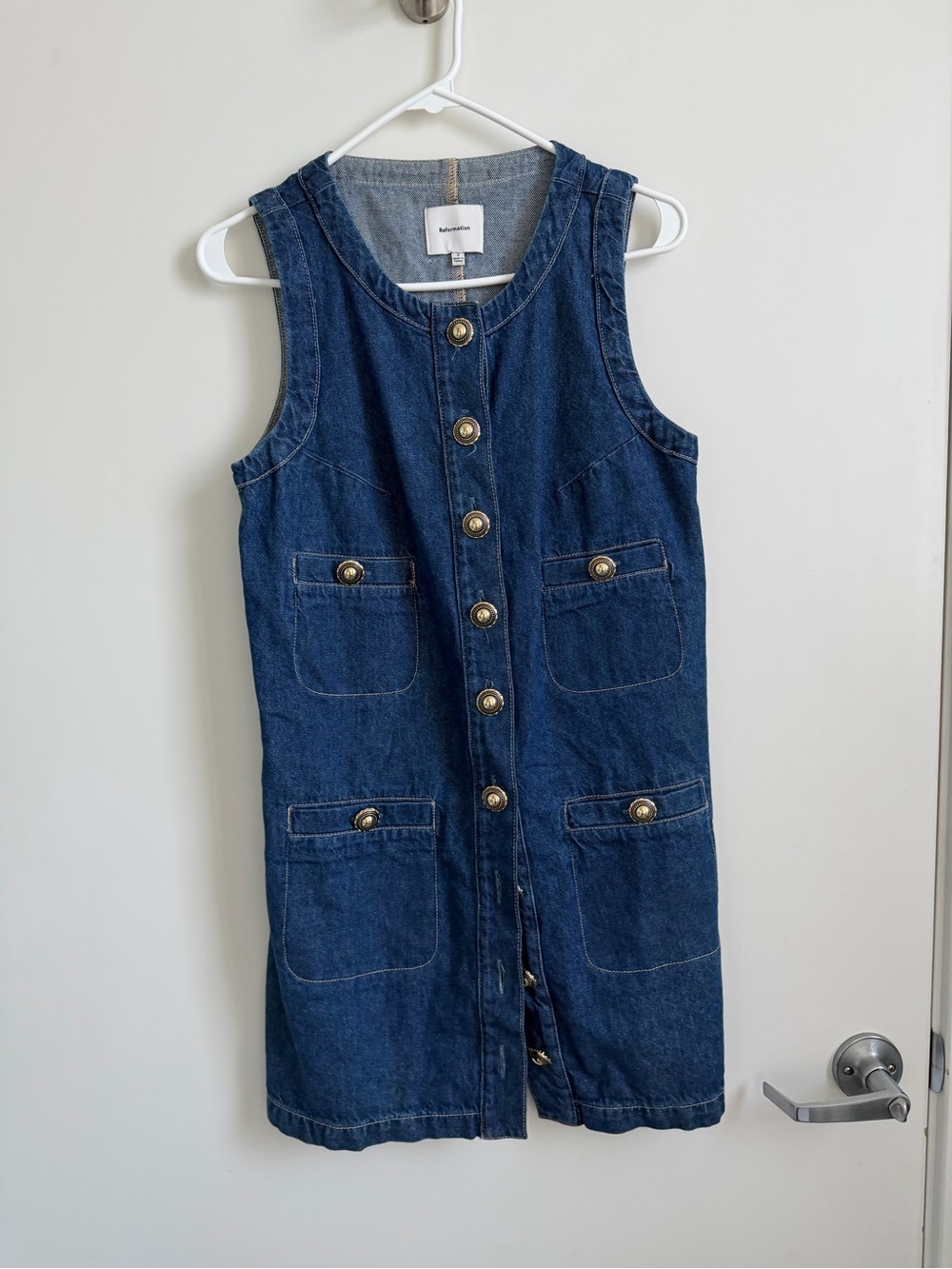 Reformation Denim Gold Button Sleeveless Mini Dress Size 2 - Picture 1 of 3